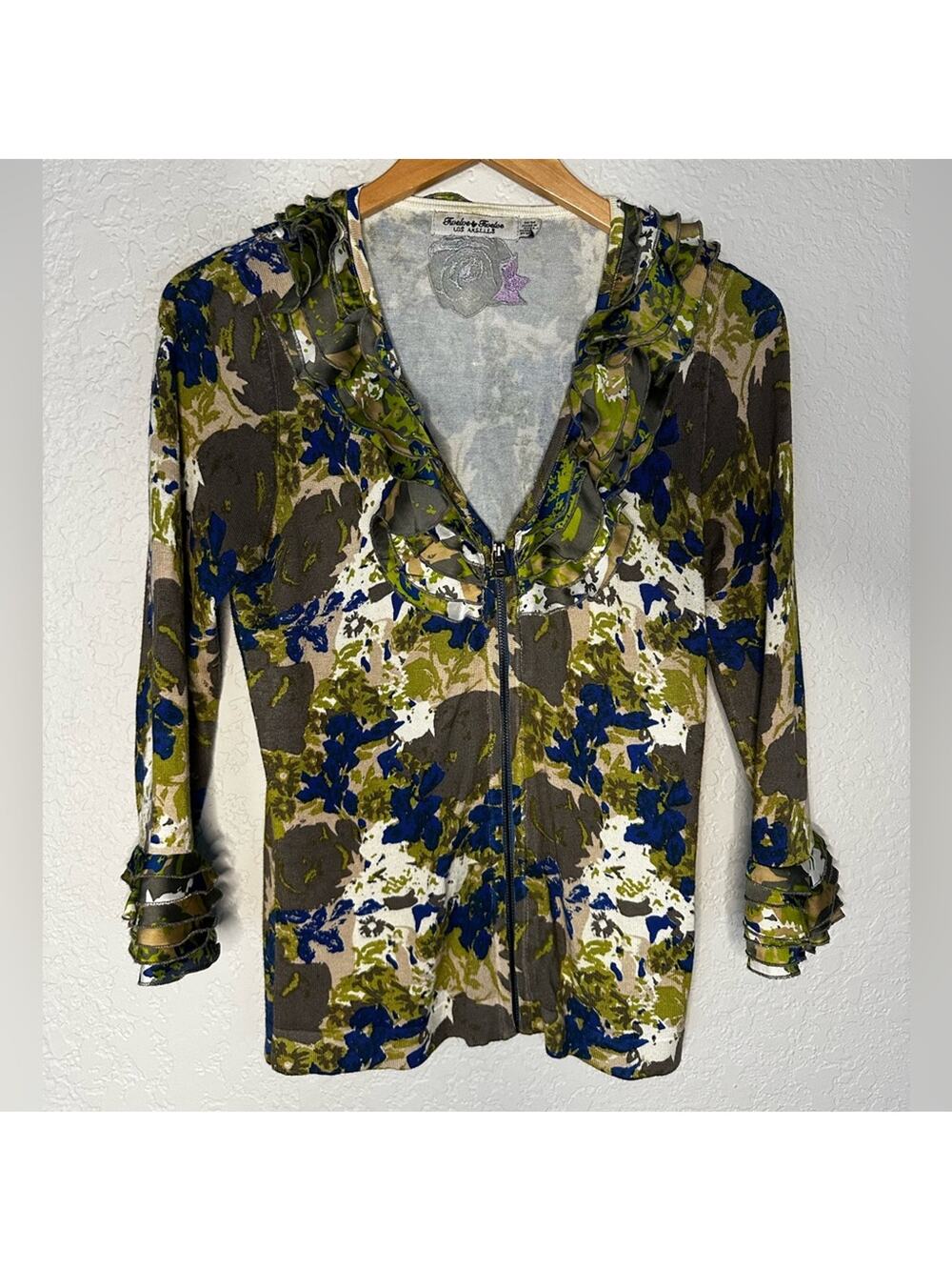 Vintage Green Camo Ruffle Full Zip Cardigan Twelve By LA Indie Artsy Boho Y2K